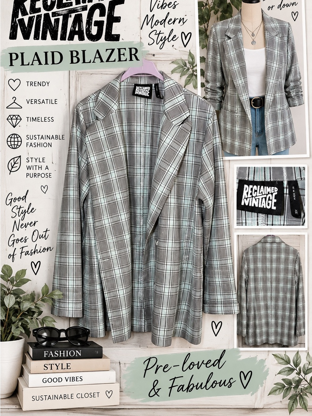 Reclaimed Vintage XL Gray Mint Plaid Oversized Blazer Double Breasted